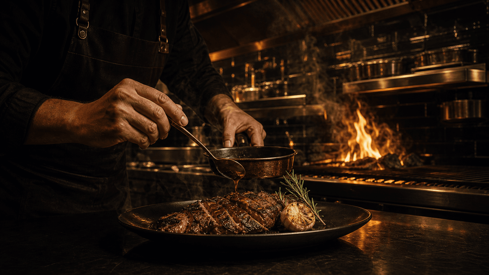 Chef plating steak at EMBER