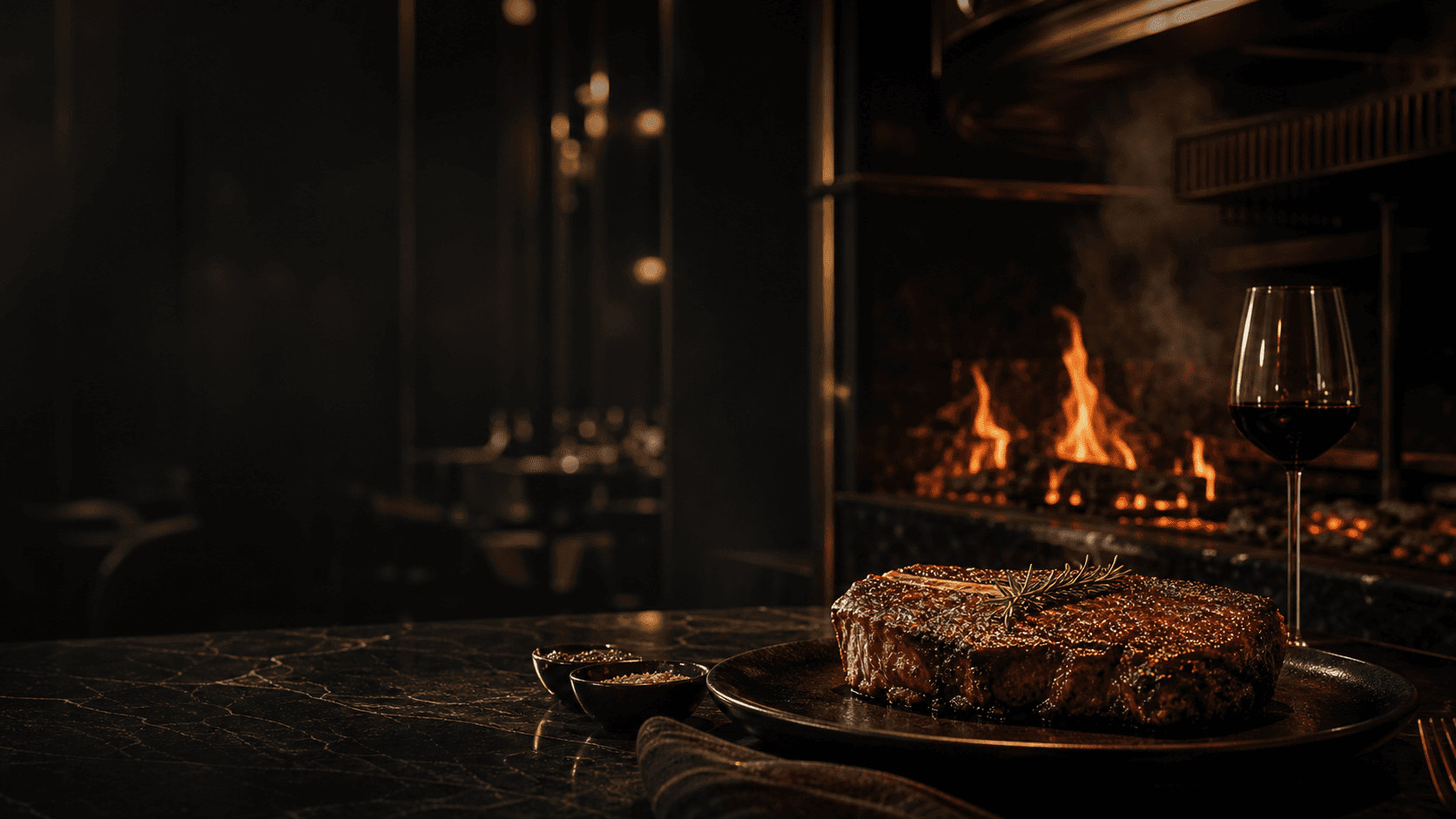 EMBER steakhouse fire-led dining room